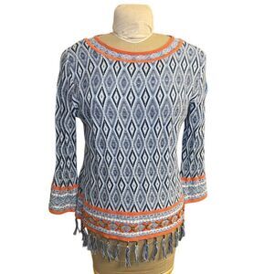 Ruby Rd. Lightweight Knit Sweater Geometric Pattern Sz. M Fringe Hem Blue/White/